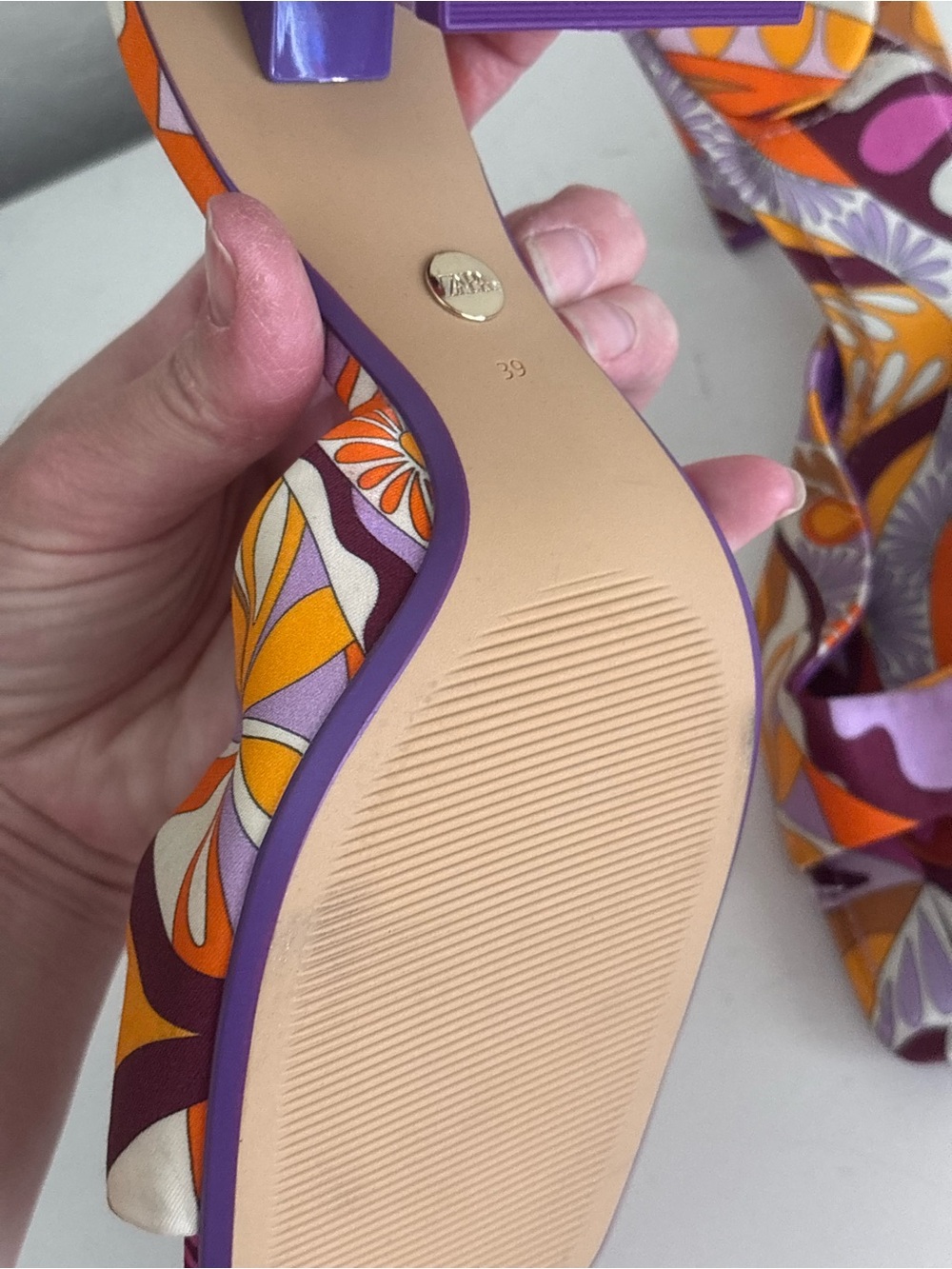 Zara Vibrant Floral Print Block Heel Square Toe Sandals Orange Purple, 39 (8.5) - Picture 8 of 10